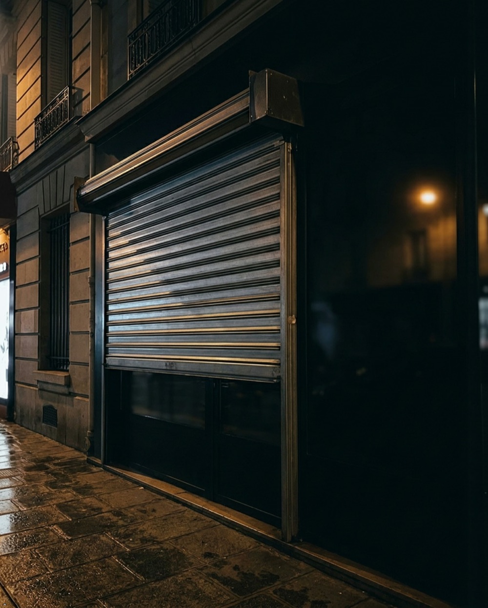 Rideau métallique motorisé sur une devanture de magasin à Paris